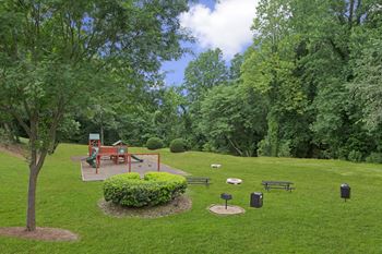 A park with a tree, a bench, and a bush.